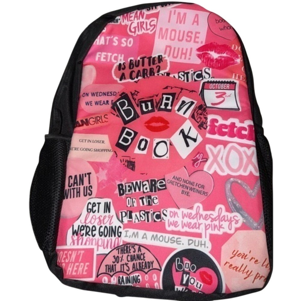 Mean Girls Burn Book Backpack Pink Black 17" Pink Graphic Print Bag New